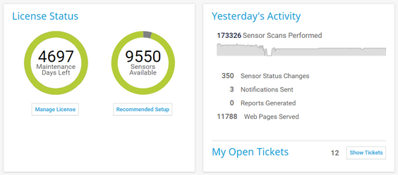 License Status Section and Yesterday's Activity Section on the Welcome Page